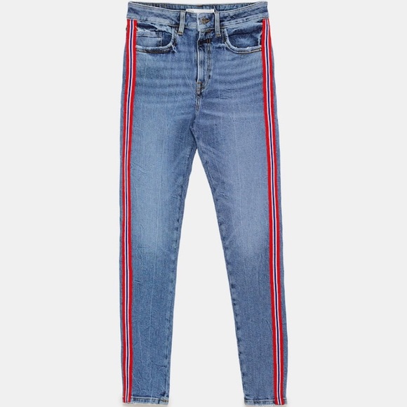 Zara red blue stripe side skinny jeans - Picture 2 of 7